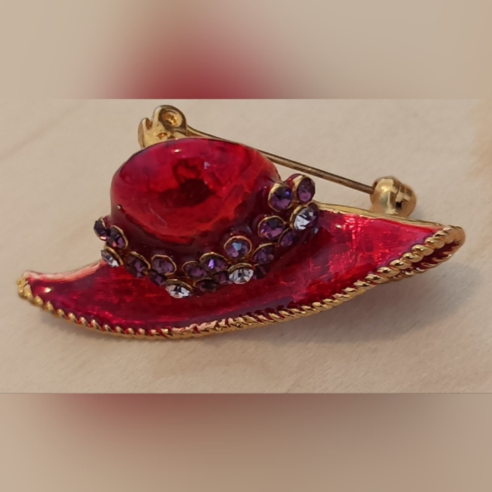 Red Enamel Hat Brooch with Purple and Clear Rhinestones